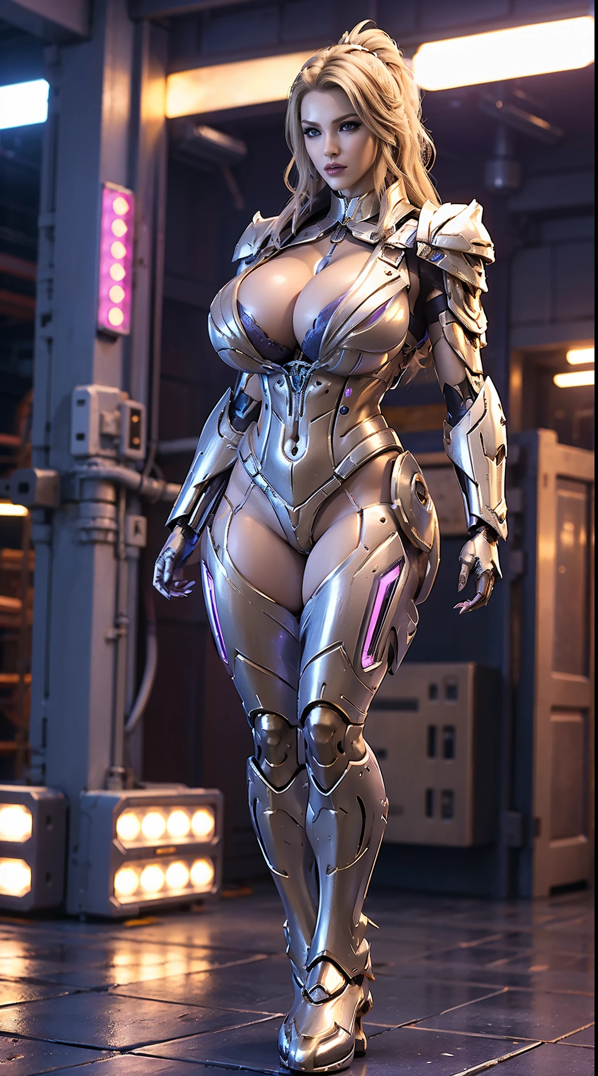 A WOMAN, BEAUTIFULL FACE, HUGE BOOBS, RGB, WHITE, GOLD, PURPLE, MECHA ARMOR FULL SUIT, (CLEAVAGE), TRANSPARANT, TALL LEGS, STANDING, SEXY BODY, MUSCLE ABS.