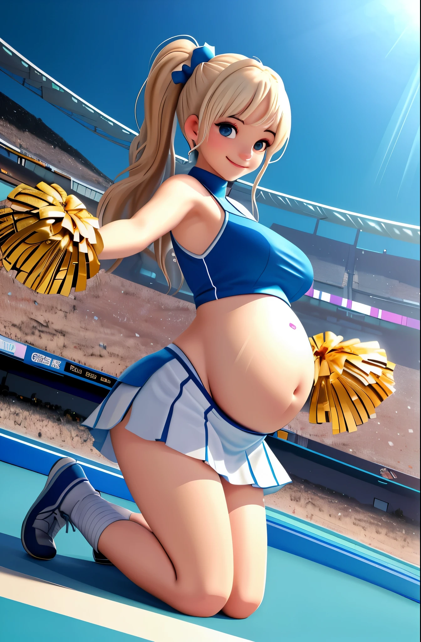 ​masterpiece, top-quality, Detailed details, Detailed landscapes, beatiful lights, one girls,26 year old,((Oblique view)),innocent smiles,Glistening sweat,Kneeling,open one's legs,detailed skin textures,(((cheer leading))),(Stadium),(blue-sky)、llight rays、a miniskirt,(((No Underwear))),piercings,High contrast,(super low angle),(NSFW), pregnant