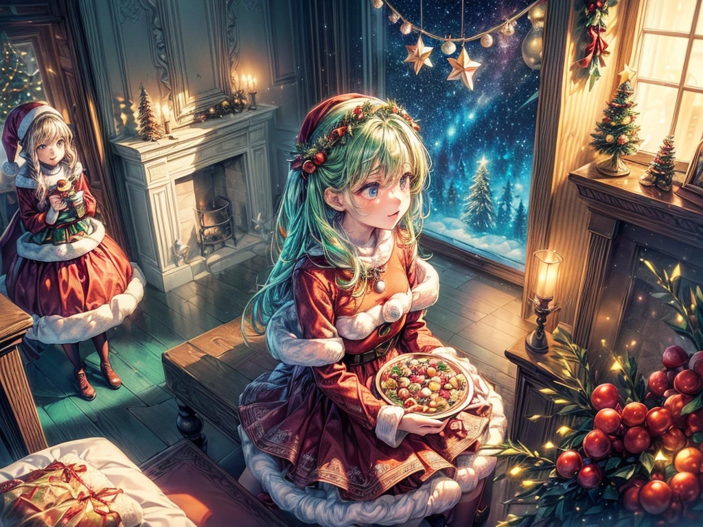 (Masterpiece: 1.2), (Long shot: 1.8), Vibrant colors, magical atmosphere, whimsical, ((starry sky with North Star shining)), (European style interior house, Christmas decorations, fireplace with residual warmth , colored lights hanging on the stairs, gifts wrapped in colorful  under the Christmas tree, pile of gifts on the floor, wooden floor, decorated pine tree, parquet floor, mantel, red and green, Christmas atmosphere, traditional Christmas, Festive atmosphere, Merry Christmas, gift tags, Christmas wreaths, decorations, tinsel ribbons, Christmas tree lights, candies, gingerbread men, lights), (The room is decorated in a strong Christmas atmosphere. A string of shining ones hangs on the wall Colored lights, a Christmas wreath and a small snowman are placed on the windowsill, and a beautifully decorated Christmas tree stands in the corner of the room. (On the table, there are exquisite tableware and red plates. In the center of the table, there is a rich Christmas feast , next to a bottle of red wine and two exquisite wine glasses, bringing warmth and comfort to the entire room). (First Person View, Ultra HD, Masterpiece, Accurate, Anatomically Correct, Textured Skin, Super Detailed, High Detailed, High Quality, Award-Winning, Best Quality, 8K), Surreal, Psychedelic, Intricate Details, Textured, Ethereal, Dream-like, Soft Glowing Light, Mesmerizing Patterns, Fantasy Creatures, Hidden surprises, dreamlike landscapes, surreal color palette, mystical aura, surreal, enchanting journey, psychedelic trip, vivid imagination, immersive experience, mysterious creatures, otherworldly charm, glowing path, illuminated Magical Christmas, surreal sky, whimsical Christmas-themed room, a magical encounter, enchanting artwork, (super high saturation, vivid and bright: 1.8)