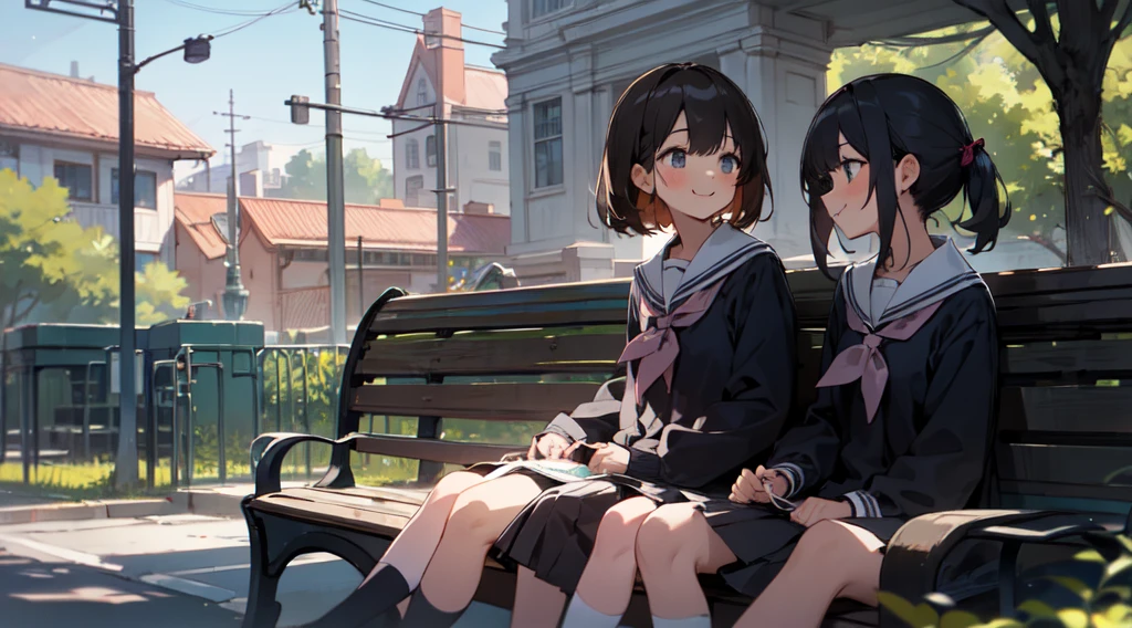 (masterpiece), 2girls, sitting on a bench, happy, talking to each other, school uniform, cute, park