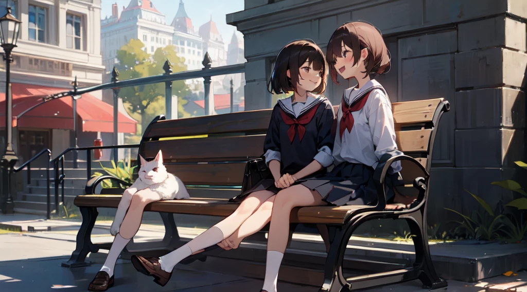 (masterpiece), 2girls, sitting on a bench, happy, talking to each other, school uniform, cute, park