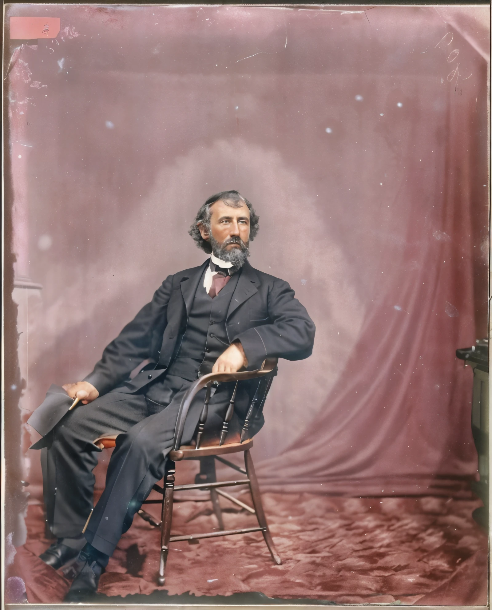 arafed man in a suit sitting in a chair with a beard, colored daguerreotype, colorized photograph, colorized photo, color photograph, portrait image, a colorized photo, colorized, autochrome pearl portrait, photo in color, hand - tinted, color image, color studio portrait, portrait photograph, old color photograph, mathew brady photo, photographic portrait