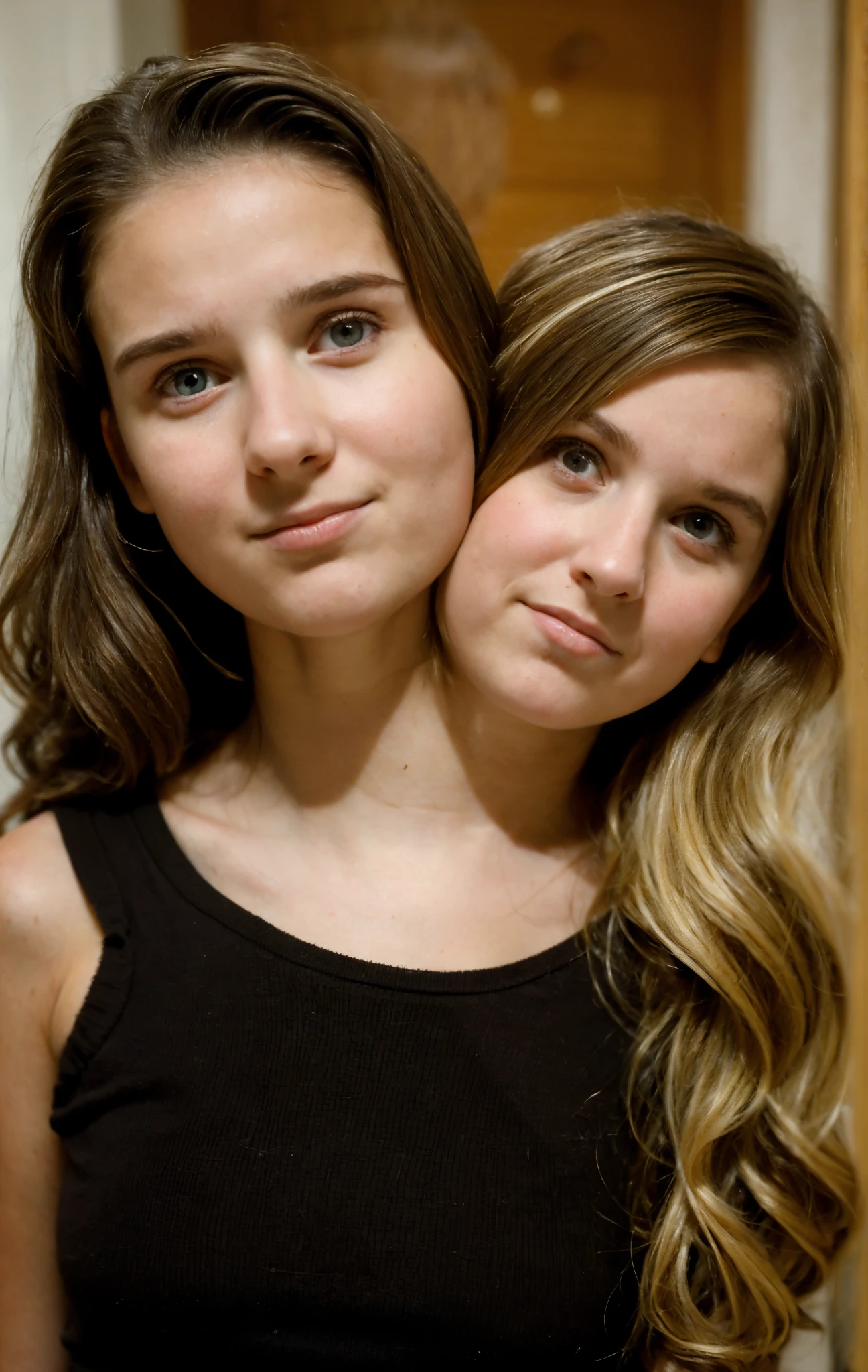 2heads, (two headed girl:1.5), (12 year old girl and a 7 year old girl:1.5), (brunette and blonde:1.3), (uncomfortable and upset:1.3)