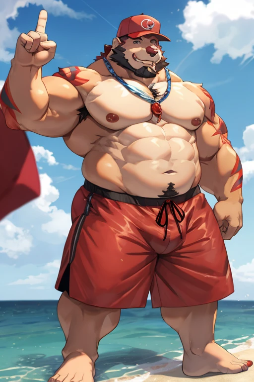 um estudante macho
, Obese Extremely thick thighs wearing only red swimming trunks red cap with hands Gesturing with hands holding testicle with hand