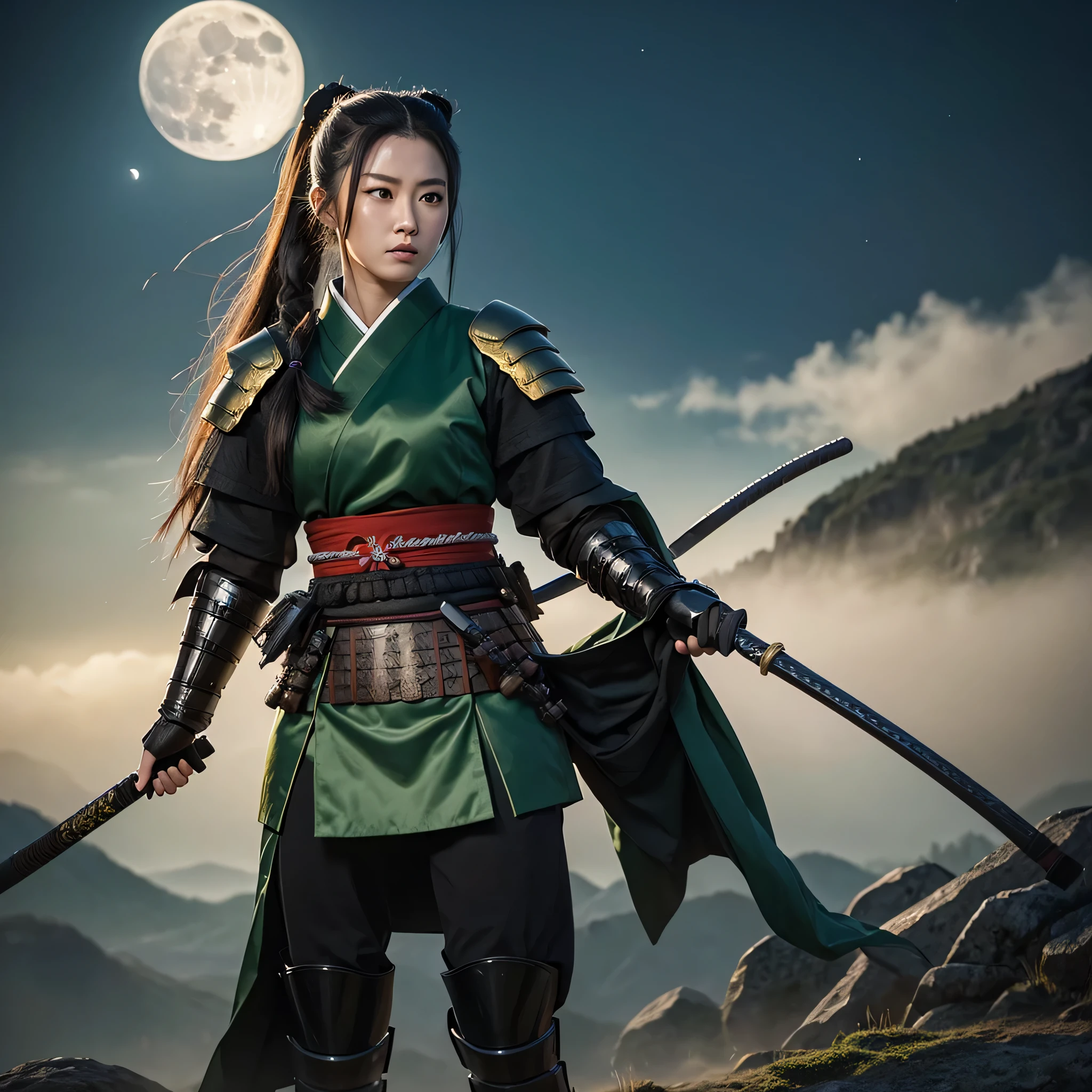 Masterpiece, best quality:1.2, hyper-realistic:1.4, super detailed, a samurai woman long ponytail without helmet,short armor, green eyes,black hair, Mountain,full Moon,night fog:1.4,full body view:1.4