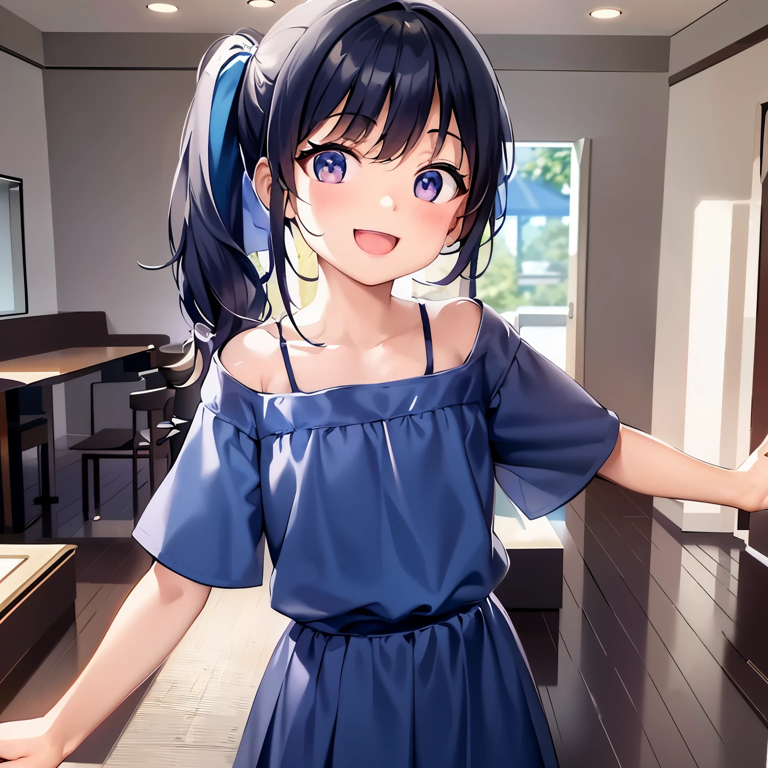 running, spread arms, side ponytail, masterpiece、top-quality、 5--old l、child, ng a blue blouse、Wearing a white skirt、open mouth, (smile:1.3)、(Staring:1.5)、is standing、The background is a hotel suite、Bold composition、Upper body is shown、Alone、