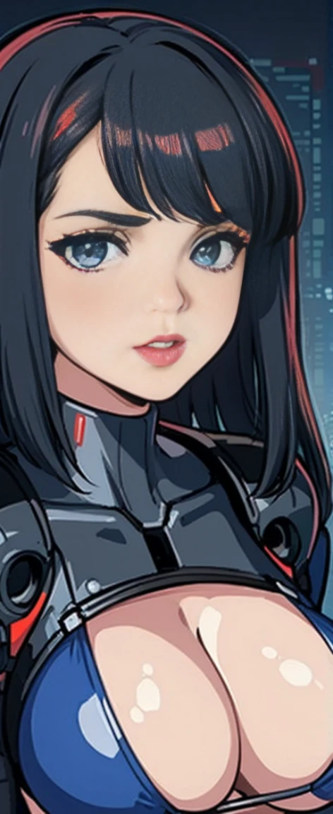One wearing a micro bikini、Close-up of a woman with red lipstick, cyberpunk jackie welles, CG grid = Retro-Future, beautiful android woman, portrait of female android, Retro-Future时尚, Still from the movie《bladerunner》, Female robot in the data center, Moebius aesthetics, Alien robot movie stills, depicted as a scifi scene ，large bust