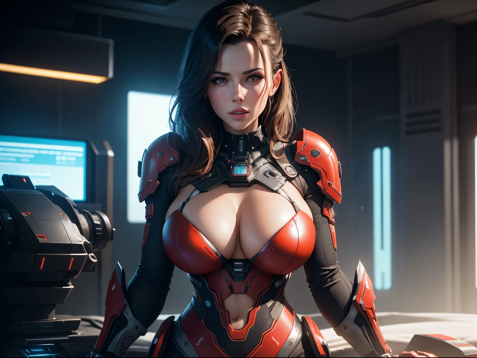 Highest image quality，Outstanding details，  The best illustration，Favor the details，closeup cleavage，A mech girl，He has a delicate and beautiful face，（（Red and white semi-mechanical body：1.8）），Raised sexy，cleavage，onbed，frontage，cyber punk perssonage，Futuristic，mechanically aesthetic，Complex machinery，The background is a high-tech lighting scene in the future city，Virtual Engine 5，Perfect detail rendering，rendering by octane，hyper HD, pose facing camera, full body pose, facial features mix of Kate Beckinsale Rachel McAdams Carla Gugino