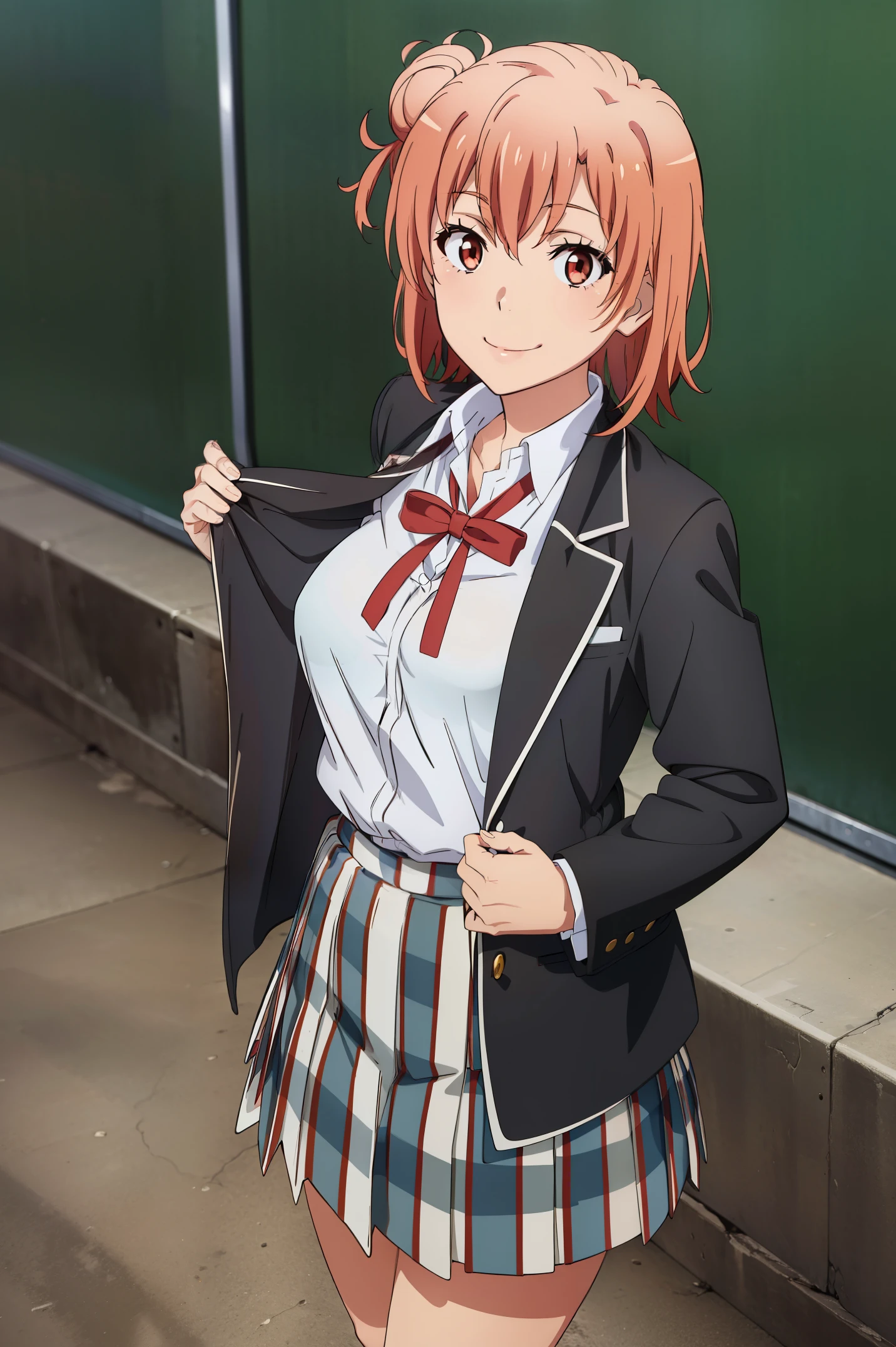 Best quality, masterpiece, highres, 1girl, Yuigahama yui, school uniform, Plaited skirt, short hair, red ribbon, white shirt, black jacket, big boobs, Standing, smile, school background