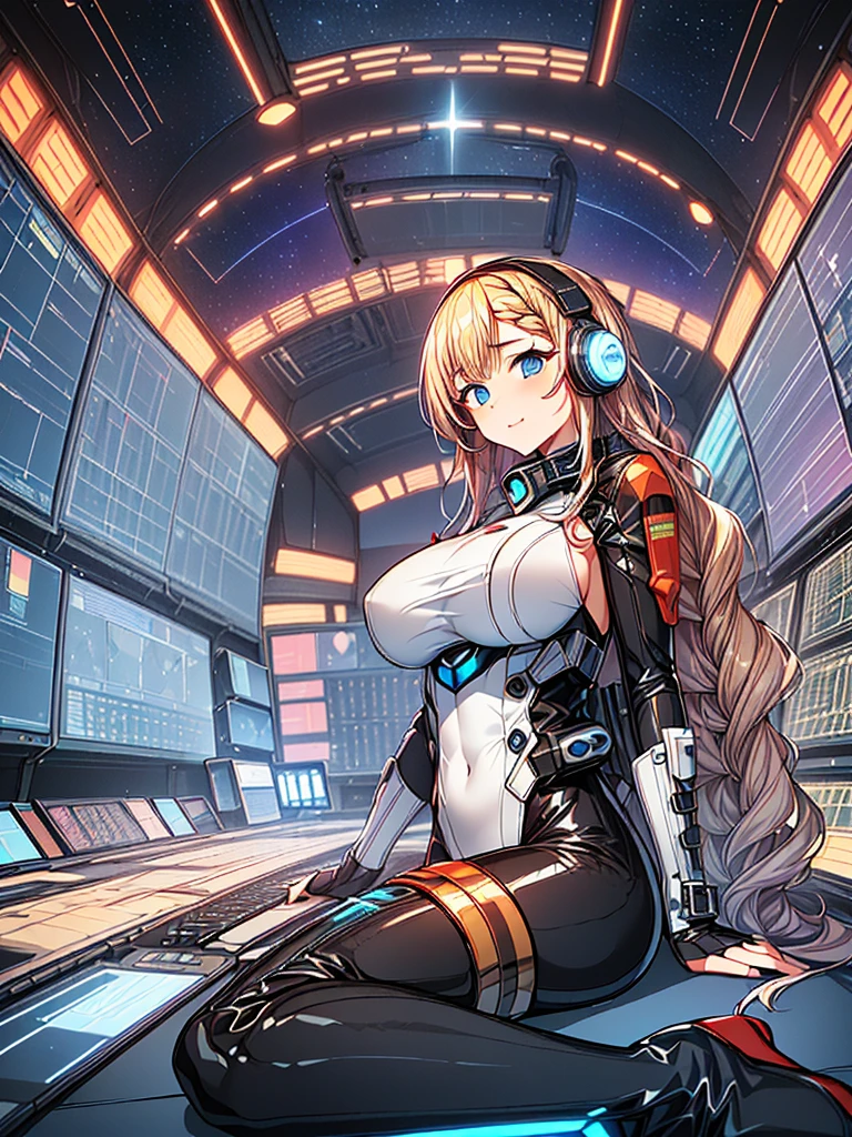 masterpiece:1.4, 1girl in ((20yr old, Wearing a tight, futuristic metallic white bodysuit,long boots, huge-breasted, blonde hair, long,Braided hair,marguerite'Hairstyles, Perfect model body, Blue eyes:1.4, Wearing headphones, Flirting, Happy, Looking out the window of the futuristic sci-fi space station、While admiring the beautiful galaxy:1.2, SFSF control room on night background:1.1, Neon and energetic atmosphere:1.2)) ((Galaxy)) ((Solo:1.6))