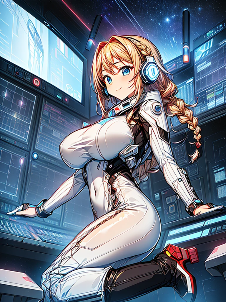 masterpiece:1.4, 1girl in ((20yr old, Wearing a tight, futuristic metallic white bodysuit,long boots, huge-breasted, blonde hair, long,Braided hair,marguerite'Hairstyles, Perfect model body, Blue eyes:1.4, Wearing headphones, Flirting, Happy, Looking out the window of the futuristic sci-fi space station、While admiring the beautiful galaxy:1.2, SFSF control room on night background:1.1, Neon and energetic atmosphere:1.2)) ((Galaxy)) ((Solo:1.6))