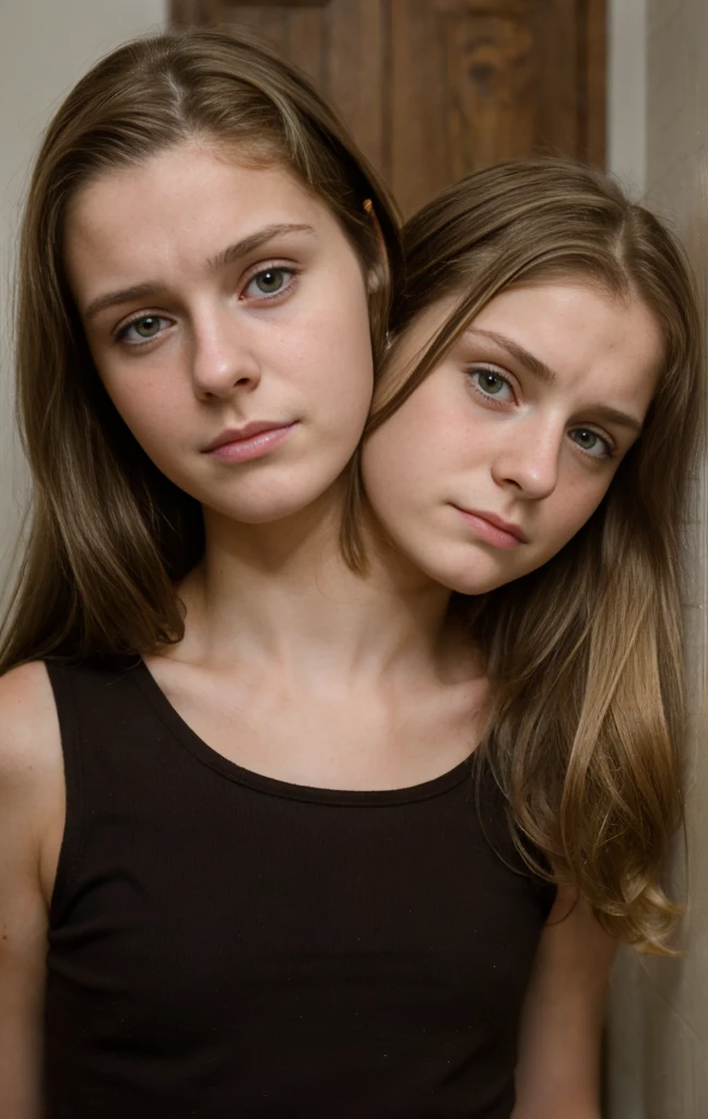 2heads, (two headed girl:1.5), (17 year old girl and a 5 year old girl:1.5), (brunette and blonde:1.3), (uncomfortable and upset:1.3)