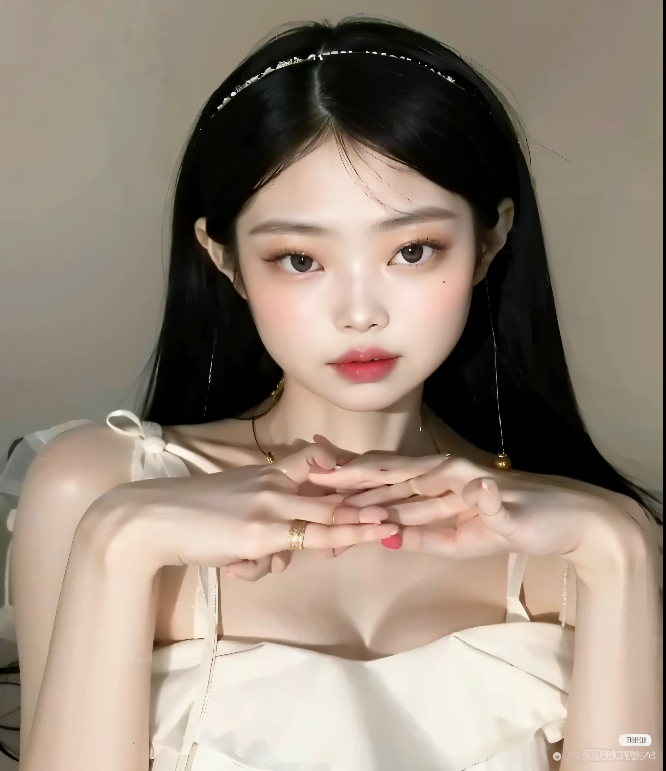 Un primer plano de una mujer con cabello largo y negro con un vestido blanco, cruel korean goth girl, ulzzang, pale porcelain white skin, Chica coreana, Hermosa mujer surcoreana, Hermosa joven coreana, Peinado blanco de corte hime, pale milky white porcelain skin, Wan adorable cara coreana, Joven y adorable rostro coreano, pale snow white skin, maquillaje popular de Corea del Sur