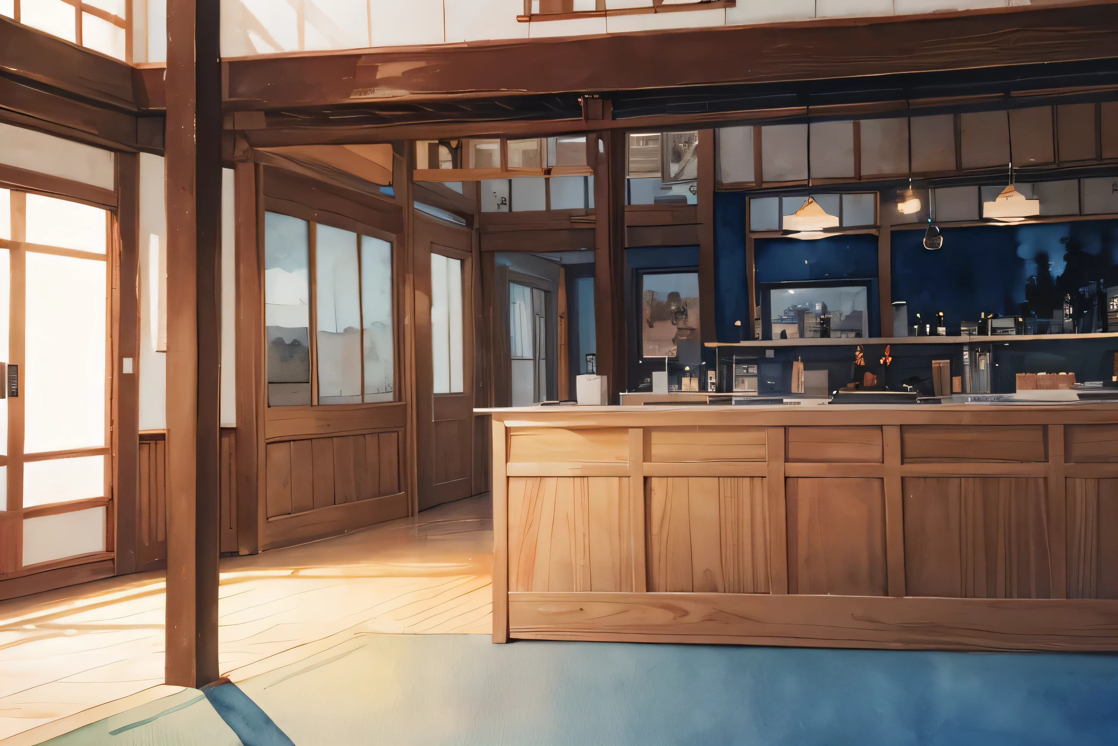 ((masutepiece)), (Professional Photography:1.2), (High Definition:1.3), Best Quality, (Watercolor painting:1.3), From Side, Wide Shot,Udon Restaurant, warm interior, ( White background:1.10), Fine splashes of pale blue ink, Atmospheric