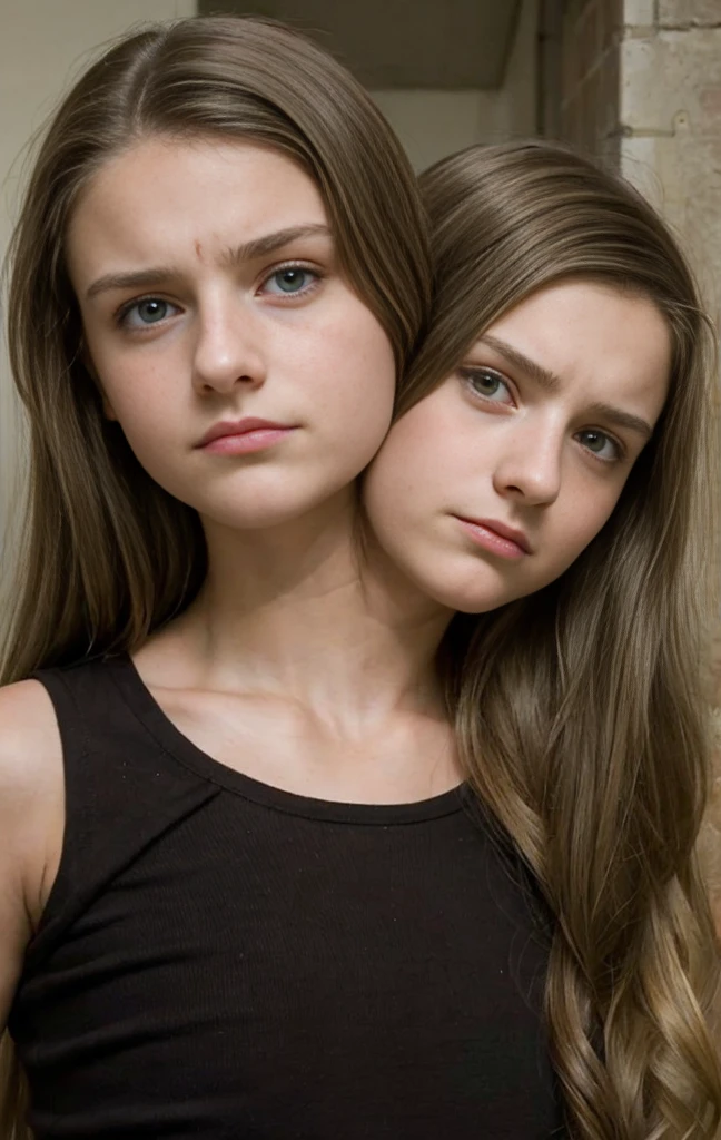 2heads, (two headed girl:1.5), (a 16 year old girl and a 9 year old girl:1.5), (a brunette and a blonde:1.3), (uncomfortable and upset:1.3)