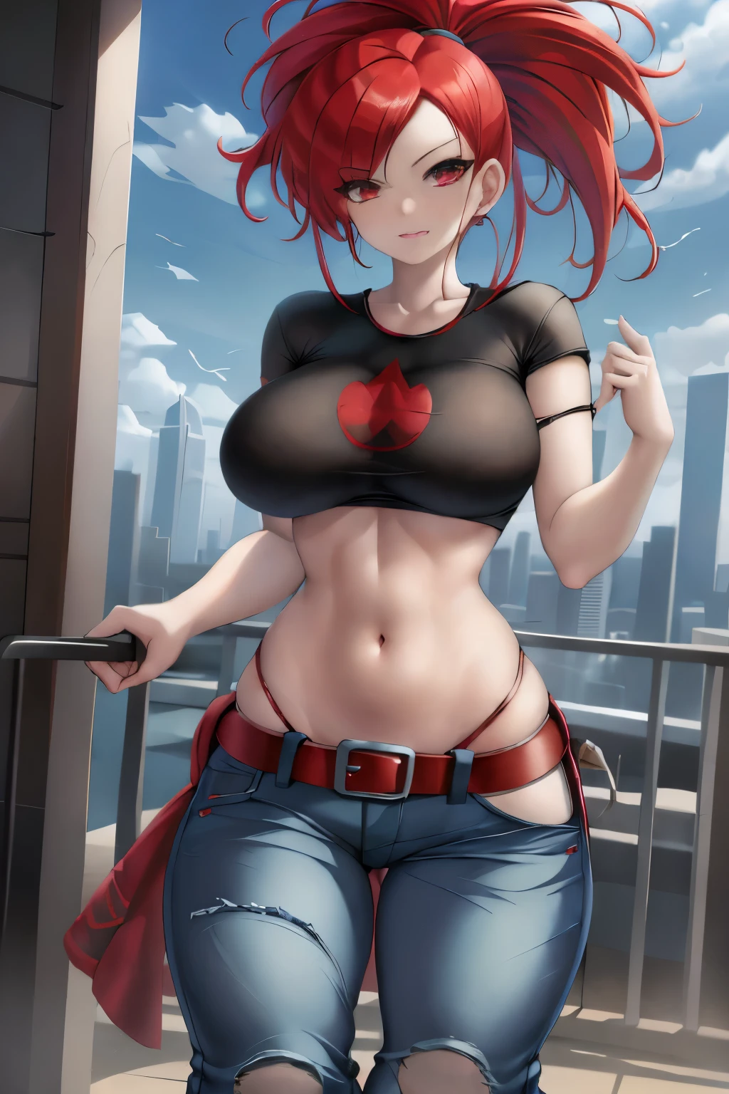 masterpiece, best quality, rseFlannery, black shirt, midriff, red belt, jeans, cowboy shot, short sleeves, large breasts, city, sky, looking at viewer, hair tied up, ((low rise jeans)), (pelvis), crimson red eyes