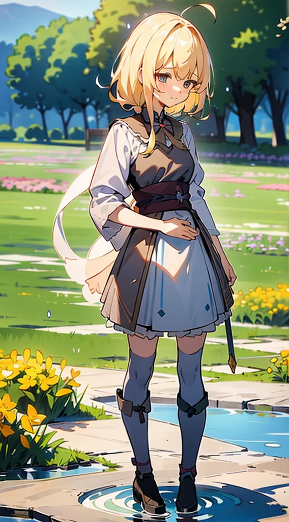 anime styled, The ultra -The high-definition, alice in the wonderland, Super cute girl, ((a blond:1.4)), ((Long:1.4)), shame, Shyness is a shy smile, Light blue fluttering short dress, frilldの付いた白いエプロンスカートを重ねる, frilld, A large white ribbon is tied in the back around the waist of the dress. , B-cup breasts, Light blue fluttering mini skirt, ソックスは爪先から太ももの半ばあたりまである長い白色のknee high, ((knee high:1.4)), and draw the full body, In the forest where bright sunlight shines through, absurd worldview, Her clothes are a little disarrayed and her breasts are exposed., teatsが見えている, ((teats:1.4)), Her skirt is a little disarray and her crotch is visible., 股のFemale genitalsが見えている, ((Female genitals:1.4)), Pee, お漏らししてPeeが股から出て太ももを伝ってチョロチョロと細く流れている, Lying on the ground, lying on one's side, Urine excreted on the ground around the waist forms a small puddle., ((pissing:1.4)), I&#39;m holding out my hand as if to invite you here