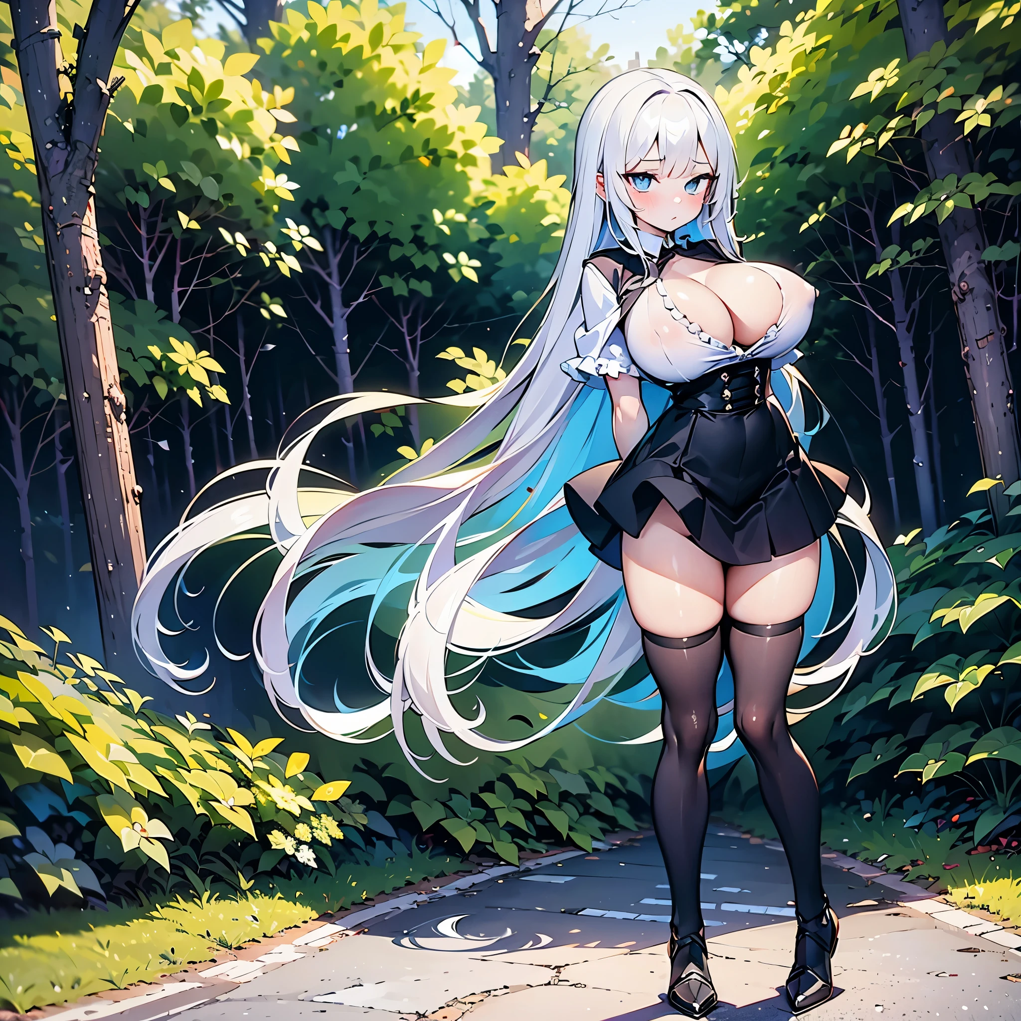 (solo), 1 thin little girl standing in forest. She has disproportionately huge breasts. Her breasts are very perky. She has absurdly long straight white hair. She standing with bending back. Her arms are behinded back. She wears very short black capelet. She wears frilled white shirts with open chest wide. She is fully showing off her cleavage. Very short black high-waist skirt cinched her waist too tight. Her thin long legs covered by black long thighhighs. Her face is expressionless. She is opening her mouth. , full body, nose blush