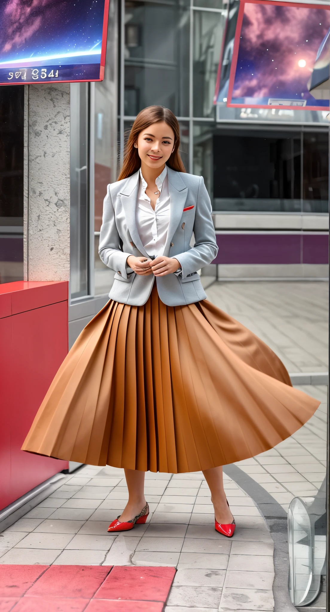 (shy:1,3) smiling woman playing with skirt, dancing, wearing short blazer and very very detailed (long (fully pleated) full circle skirt) and () low heeled office shoes, very very intricate hyper-detailed symmetric (attractive graceful young feminine face) with (sad, tired eyes and a shy smile), large breasts, full of empathy and compassion and love, (pronounced (feminine) features), (highly detailed ultra accurate realistic) hands and fingers, (windy conditions and wind blowing), epic composition, highly detailed attributes, highly detailed space station background, (35mm f1.4 Kodak portra 400 photograph), extremely high quality RAW photograph,