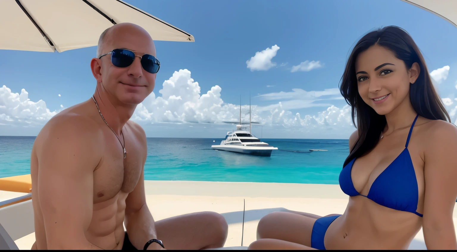 foto muy real de jeff bezos divirtiendose junto a una hermosa joven, They both wear swimsuits, estan en un yate en el caribe