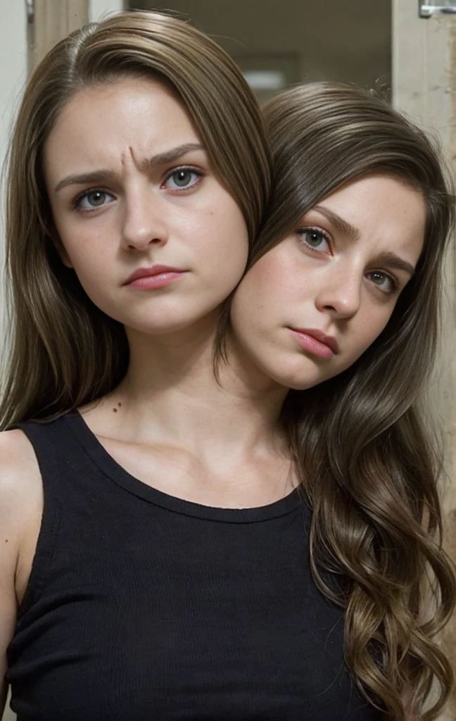 2heads, (two headed girl:1.5), (a 13 year old girl and a 32 year old woman:1.5), (a brunette and a blonde:1.3), (uncomfortable and upset:1.3)