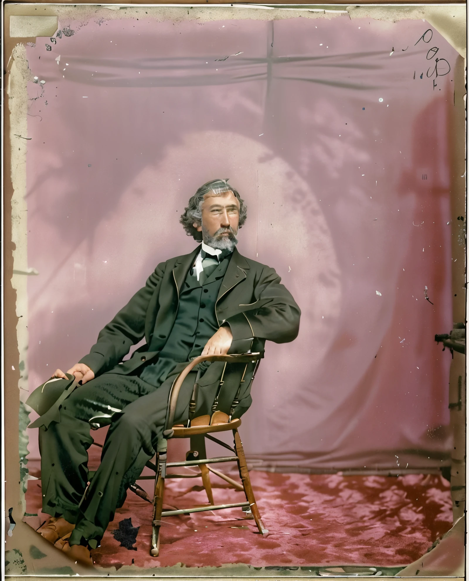 arafed man in a (tan suit:1.4) sitting in a chair with a (brown beard:1.0), colored daguerreotype, colorized photograph, colorized photo, color photograph, portrait image, a colorized photo, colorized, autochrome pearl portrait, photo in color, hand - tinted, color image, color studio portrait, portrait photograph, old color photograph, mathew brady photo, photographic portrait