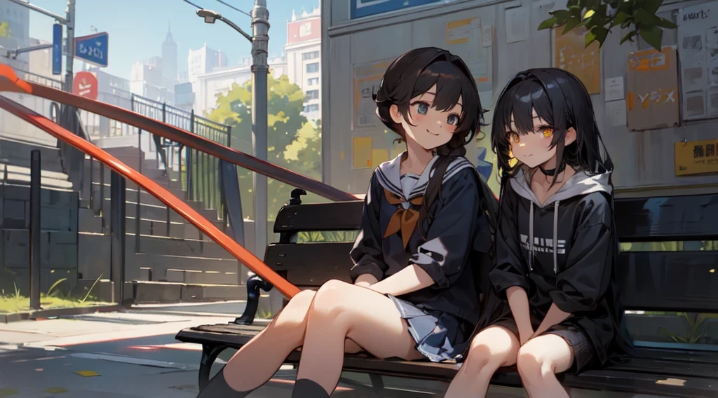 girl, black long hair, long twintials, yellow eyes, choker, long black hoodie, exposed legs, sitting on a bench, looking to the left, looking away from viewer, perfect face, perfect hands, perfect body, beautiful eyes, happy