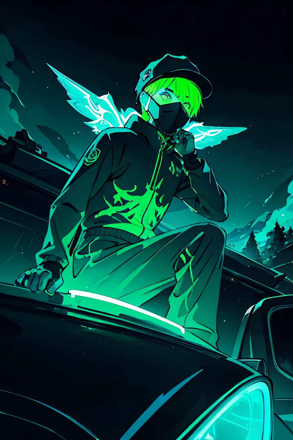landscape photograph of a boy sitting on a car hood with lighting from the background, however the scene is in black and white except for the flames of the campfire the boy is wearing a cybernetic suit with rays and green neon lights being emitted while wearing a hat black hunter and a mask that has an owl printed on it covering his entire face