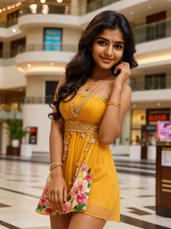 20 year old, extremely beautiful Tamil girl, delicate face, bright smile, (wearing:1.6 floral backless strapless mini gown, laced high heels, wrist watch, pendant chain), (high quality detailing:1.6 face eyes nose ears lips curves skin body parts), (no bindi), shining eyes, glossy lips, glowing skin, gorgeous thighs, eyes symmetry, face symmetry, look at viewer, complex background, inside the shopping mall, vibrant colors, yotta-pixel image, yocto-pixel detailing
