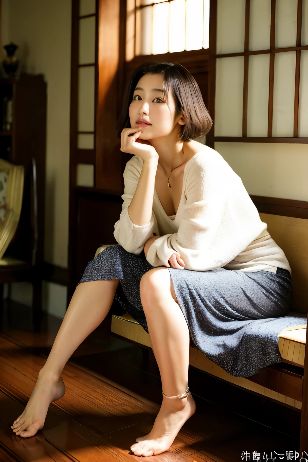 Beautiful Japanese woman in her 50s、a miniskirt、art nouveau room