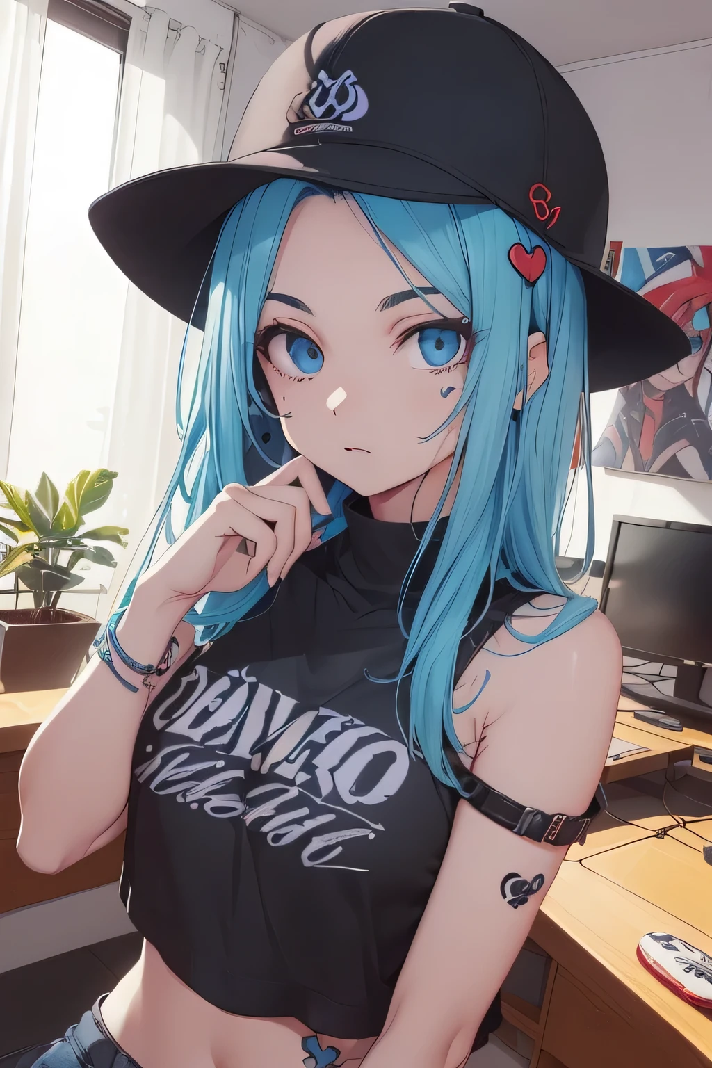 qualidade superior、Qualidade de imagem superior、obra prima、menina com((18 anos、Cool hat、Heart symbol tattoo on right shoulder、Tanque de Umbigo Preto、Busto curto branco、busto 85、uma loira、poneyCauda、olhos azuis、peito aberto、felicidade、Pulseira Accessorielack em corrente no pulso、Sente-se uma cadeira、Um esguio、corpo inteiro Pingando molhado、Tenha um controlador、desleixado)）Hiqualidade、arte visual、Antecedentes com((Quarto colorido em neon、PC para jogos、Mesa de jogos、cadeira gamer、Cama de jogos、console de jogos))、masutepiece、profundidade(Raio)