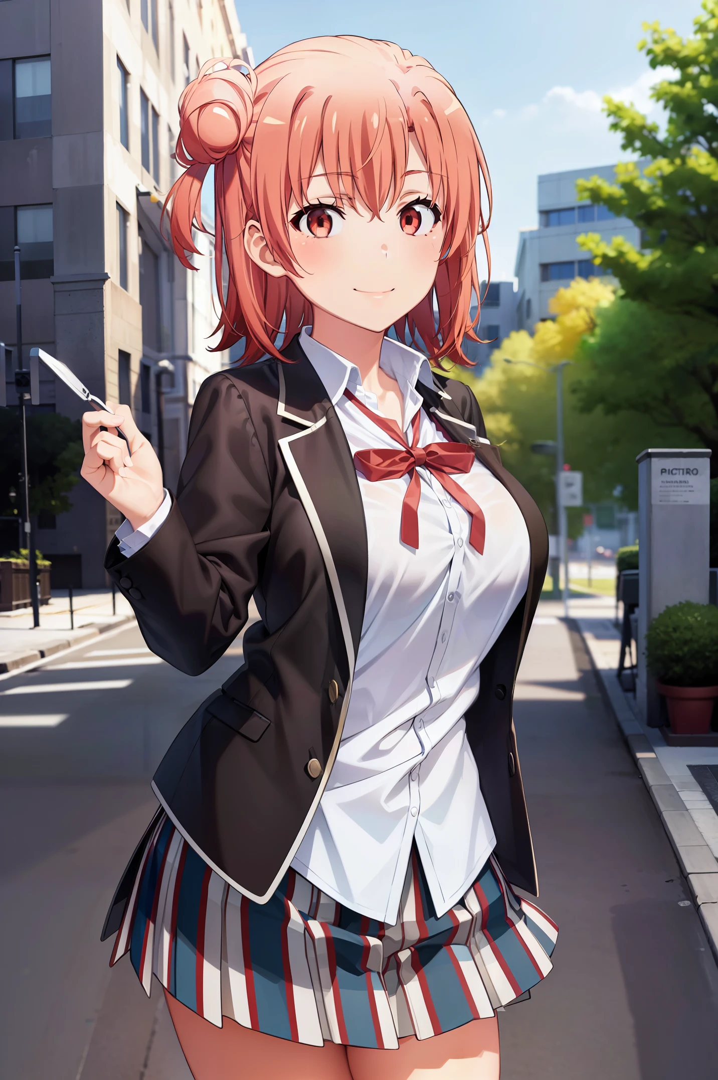 Best quality, masterpiece, highres, 1girl, Yuigahama yui, school uniform, Plaited skirt, short hair, red ribbon, white shirt, black jacket, big boobs, Standing, smile, school background