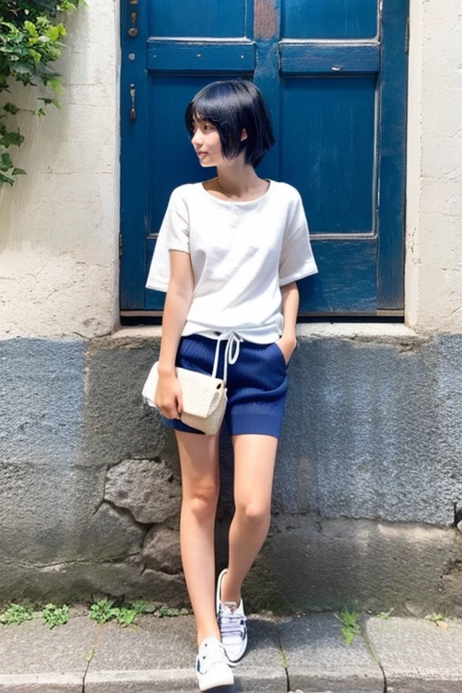 (Beautiful girl wearing a dark blue summer knit)、japanes、terraces、(15yo student)、Spinning、(White shorts)、boyish hair、looks to the side、
