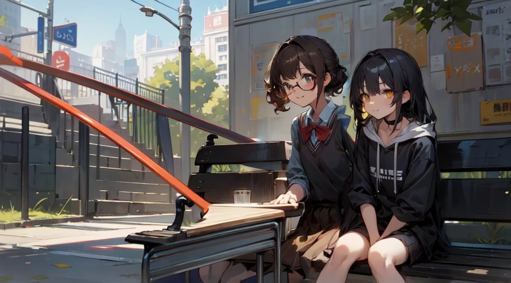 girl, dark brown hair, curly ponytail, brown school uniform, brown skirt, glasses, looking to the right, happy, [slightly tanned]