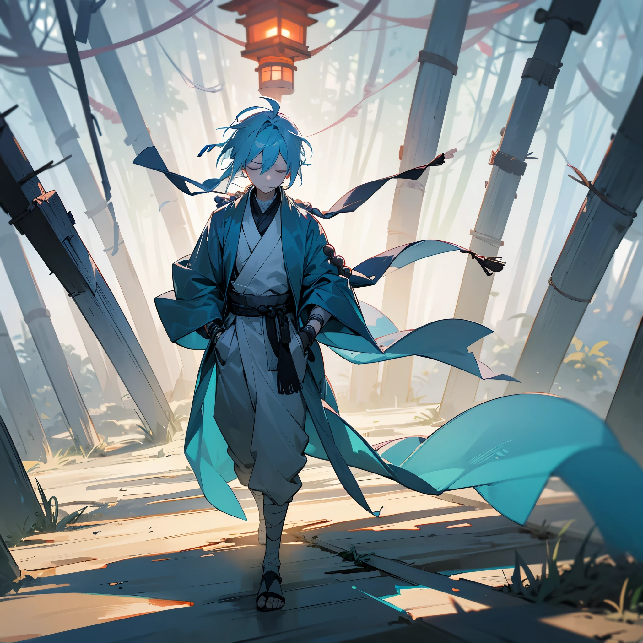 1male, young , messy medium length pale blue hair, closed eyes, walking down path, ronin clothing, bandages wrapped around arms, best light and shadows, posing with hands in pockets, dark forest, lanterns, poncho, prayer beads, prayer beads bracelet