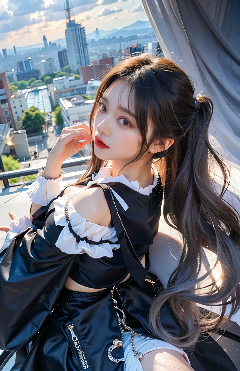 best quality, ultra high res, (photorealistic:1.4), 1girl, off-shoulder white shirt, black tight skirt, black chokeded ash gray hair:1), (huge breasts:1.2), looking at viewer, closeup ,