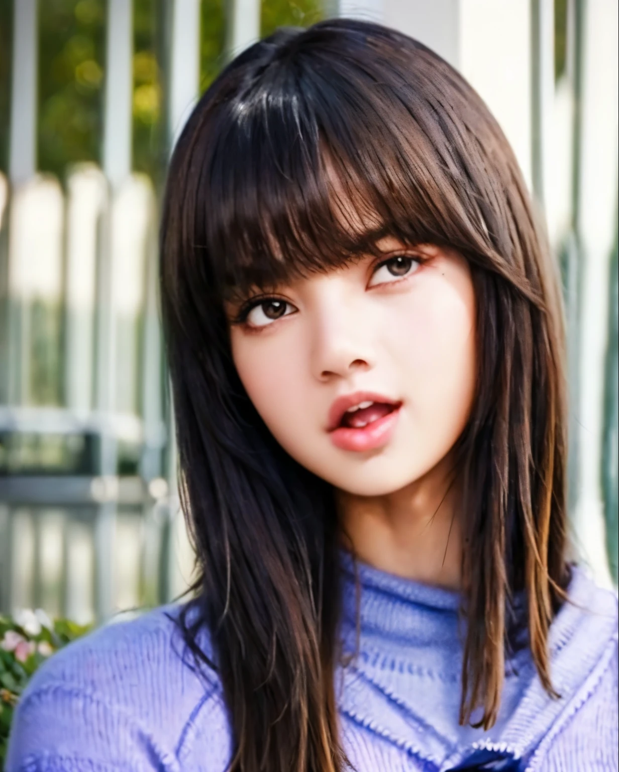 pureerosface_v1:0.3, best quality, photorealistic, 8k, high res, full color, 1girl, woman, 20 years old woman, (open mouth:1.43), (skindentation), (portrait:0.6), trees, park bench, daylight, ((park background:1.52)), full color, ((necksweater:1.68)), looking at viewer:1.8, (1girl eyes looking at viewer:1.55), (medium-length hair, brownhair, partedbangs:1.45), (bokeh), ????? penis in mouth