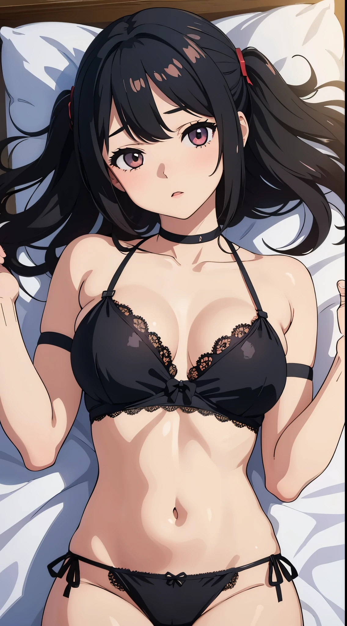 (Best Quality:1.3)、1girl in、Colossal tits、black bra and panties with lace、Lying on your back in bed、Twin-tailed、Shyness、Cute anime illustration、Kamimei、