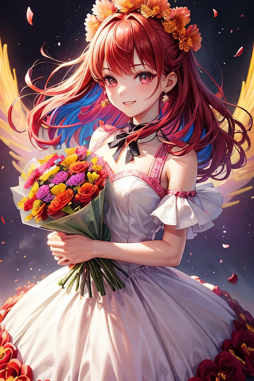 ((worst quality, low-quality)), ((girl with)), (Chest out:1.3), absurderes, superfine illustration,rainboweffect, hight resolution, ultra-detailliert,Light diffusion,highly detailed light reflection, Kaleidoscope, Harmonious, Best Shadow, highly detailed very beautiful big smile face, beautiful growing crystal diamond star pupil,look at viewr, (Beautiful detailed red hair:1.2), Solo, Dynamic Pose, beautiful detailed pink and black ribon, beautiful detailed High school uniform, Open chest, (((with a bouquet of colorful flowers,:1.4))), (perfect hand:1.5), Fantastic and sparkling throughout、Shooting stars and windy background detail background, masutepiece, Best Quality, ultra-detailliert,