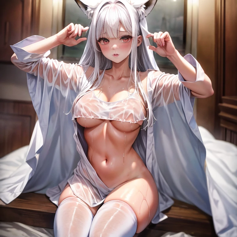 masterpiece、top-quality、1girl in。(bathrobe:1.2), white  hair,Red Eyes,(mare:0.8), (Fantastical:0.7), (A smile:0.8),fox ear,salon,wear bra, wear dress , wet clothes,wet hanging,salon, perfect body, perfect breast,((blush on: 1.2)),((fox-tails:1)), perfect big fox-tails, crop top, ((white legwear)),hair bobbles, tights, recumbent on the bed, hot, girl below, looking up,(( Wear dress)), white suit,((wet:1.3)), neckline, navel, t-shirt, ((bra)), clothes lift, tights, perfect face,((peeing:1.4)),wear pantie