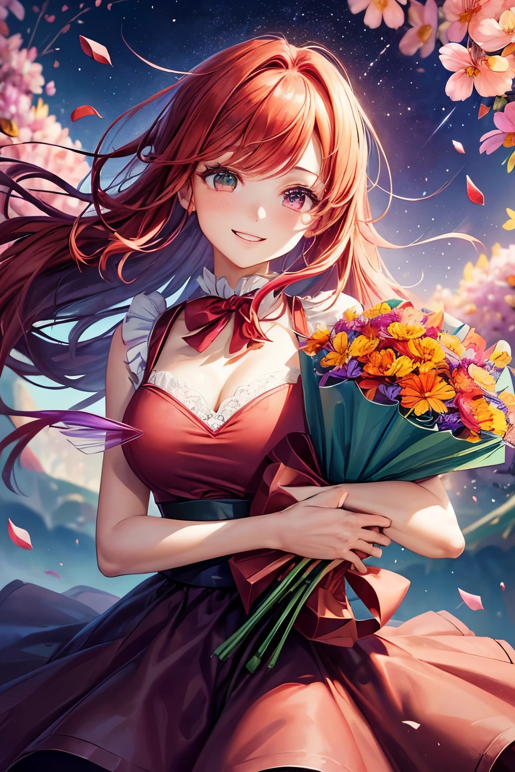 ((worst quality, low-quality)), ((girl with)), (Chest out:1.3), absurderes, superfine illustration,rainboweffect, hight resolution, ultra-detailliert,Light diffusion,highly detailed light reflection, Kaleidoscope, harmonious, Best Shadow, highly detailed very beautiful big smile face, beautiful growing crystal diamond star pupil,look at viewr, (Beautiful detailed red hair:1.2), Solo, Dynamic Pose, beautiful detailed pink and black ribon, beautiful detailed High school uniform, Open chest, (((Holding a bouquet of colorful flowers:1.4))), (perfect hand:1.5), Fantastic and sparkling throughout、Shooting stars and windy background detail background, masutepiece, Best Quality, ultra-detailliert,