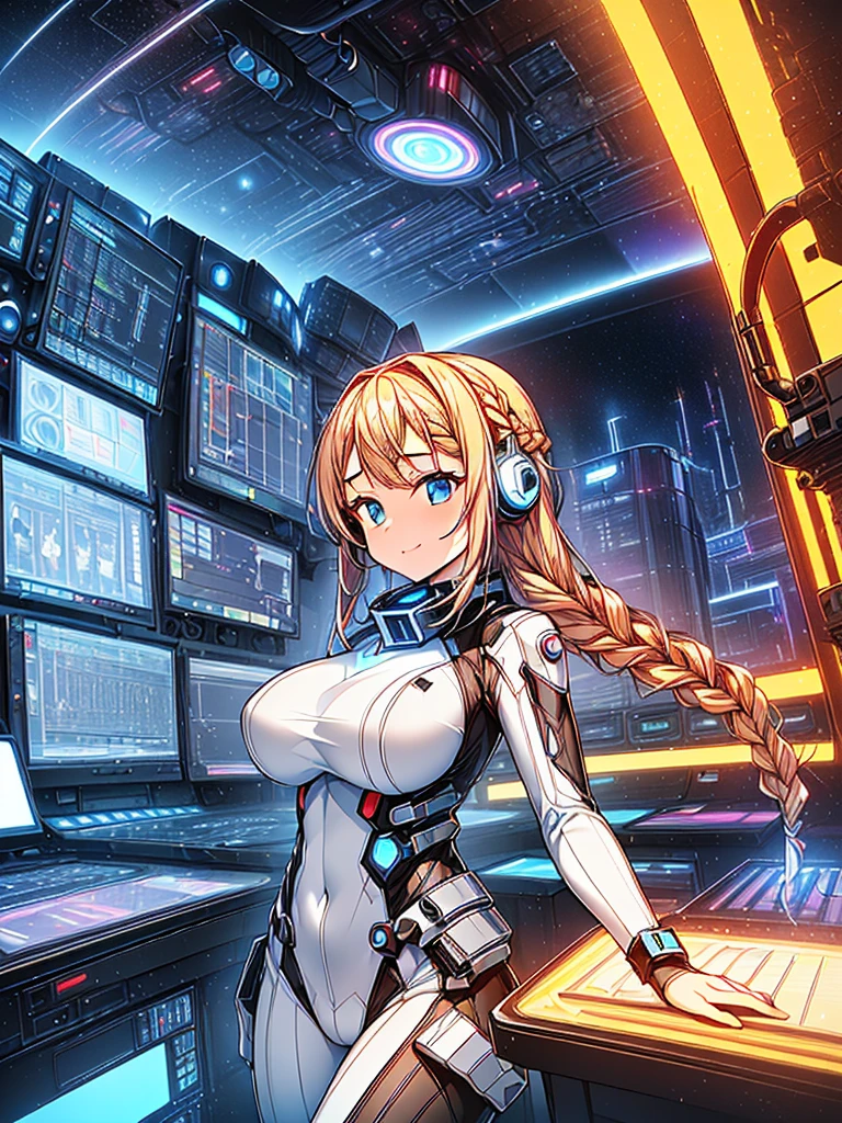 masterpiece:1.4, 1girl in ((20yr old, Wearing a tight, futuristic metallic white bodysuit,long boots, huge-breasted, blonde hair, long,Braided hair,marguerite'Hairstyles, Perfect model body, Blue eyes:1.4, Wearing headphones, Flirting, Happy, Looking out the window of the futuristic sci-fi space station、While admiring the beautiful galaxy:1.2, SFSF control room on night background:1.1, Neon and energetic atmosphere:1.2)) ((Galaxy)) ((Solo:1.6))