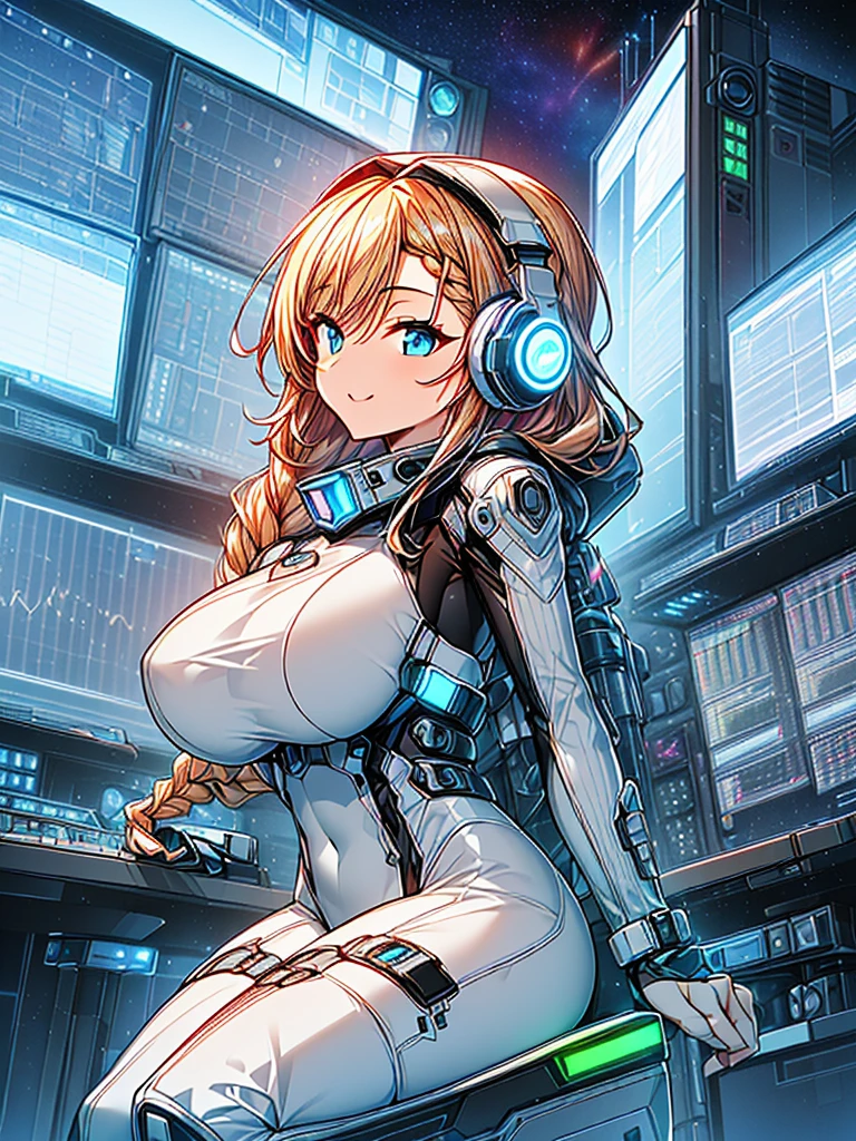 masterpiece:1.4, 1girl in ((20yr old, Wearing a tight, futuristic metallic white bodysuit,long boots, huge-breasted, blonde hair, long,Braided hair,marguerite'Hairstyles, Perfect model body, Blue eyes:1.4, Wearing headphones, Flirting, Happy, Looking out the window of the futuristic sci-fi space station、While admiring the beautiful galaxy:1.2, SFSF control room on night background:1.1, Neon and energetic atmosphere:1.2)) ((Galaxy)) ((Solo:1.6))