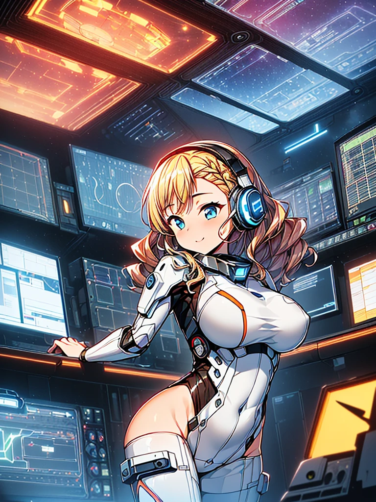 masterpiece:1.4, 1girl in ((20yr old, Wearing a tight, futuristic metallic white bodysuit,long boots, huge-breasted, blonde hair, long,Braided hair,marguerite'Hairstyles, Perfect model body, Blue eyes:1.4, Wearing headphones, Flirting, Happy, Looking out the window of the futuristic sci-fi space station、While admiring the beautiful galaxy:1.2, SFSF control room on night background:1.1, Neon and energetic atmosphere:1.2)) ((Galaxy)) ((Solo:1.6))