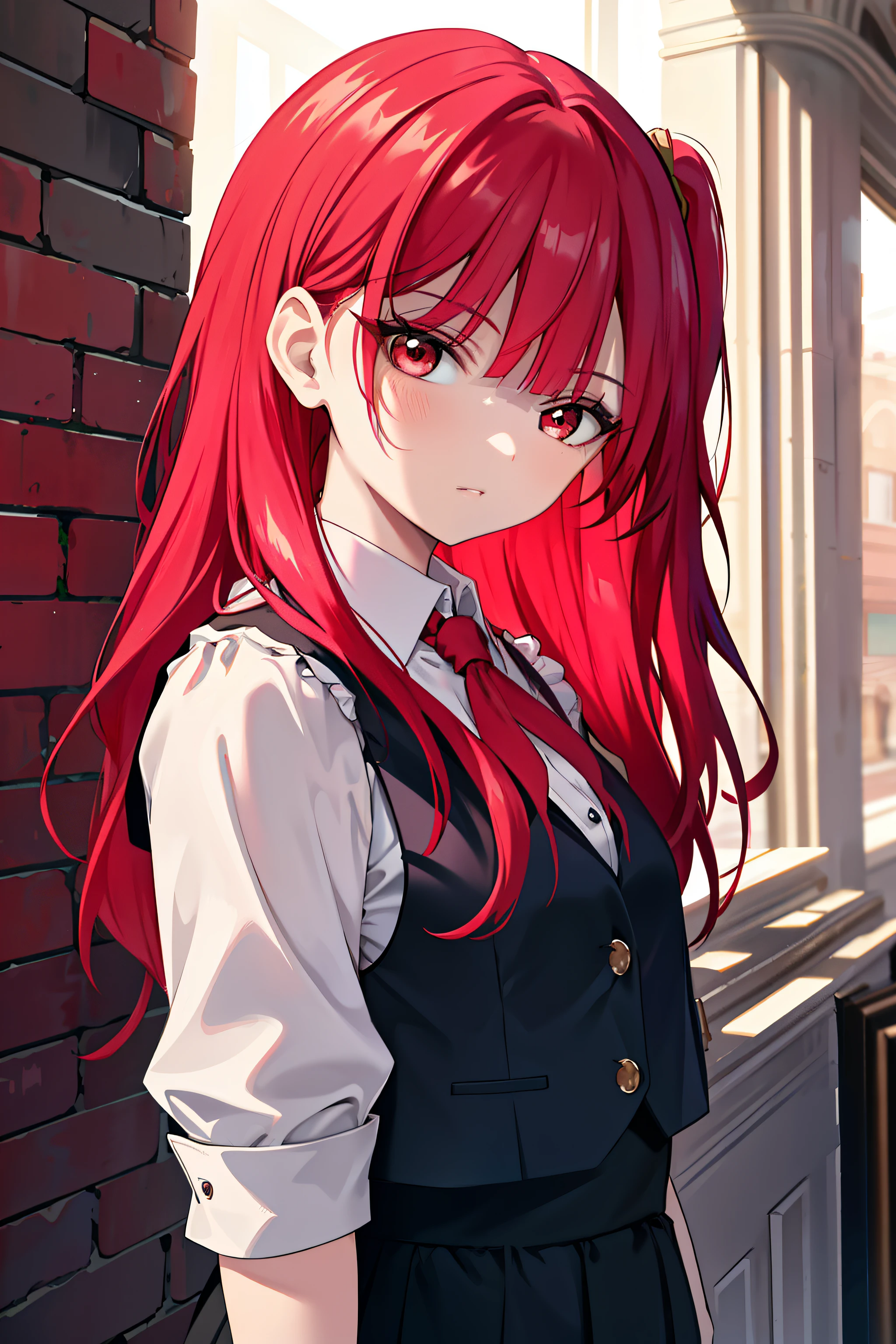 Masterpiece, Best quality, High quality, 1girll, Solo, view the viewer, Upper body, Mojana_maggie, 1girll, Red hair, Long hair, Red eyes, vests,（cropped shoulders：1.artly_Unbuttoned：1.2）