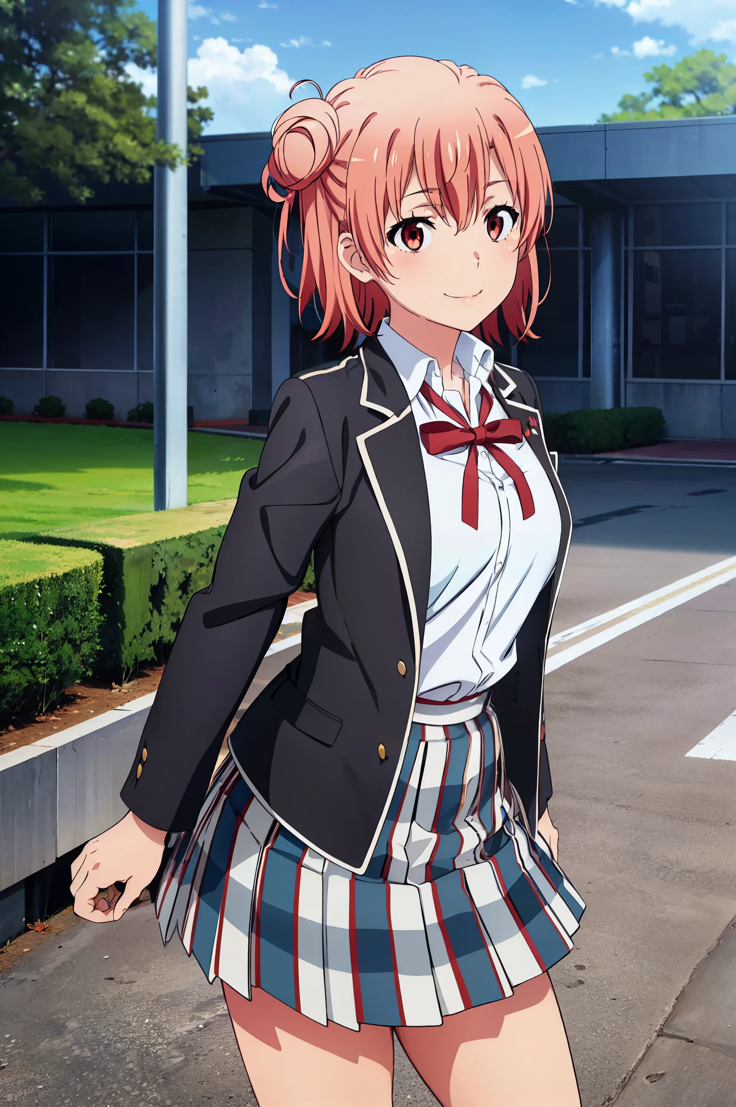 Best quality, masterpiece, highres, 1girl, Yuigahama yui, school uniform, Plaited skirt, short hair, red ribbon, white shirt, black jacket, big boobs, Standing, soft thighs, boobs, smile, school background