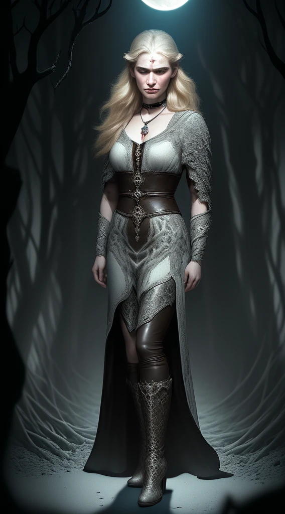 High quality, fantasy character art, character concept, character design art, bold lines, digital art style, artstation, A captivatingly sinister woman in her mid-20s, with luscious shoulder-length copper hair that shimmers in the dim light, she stands In the heart of a dense, shadowy forest surrounded by two massive, sleek black pit bull dogs. Holding up a torch that blazes brightly, she illuminates the eerie scene around her, ((The dogs and flaming torch must be seen)), the stunning sorceress is draped in a sumptuous gothic indigo dress, every detail exudes elegance amidst darkness: the fabric shimmers with hints of midnight blues and deep purples, intricate lace patterns adorning the bodice and sleeves. Three moons hover in the sky behind the woman, their silvery glow casting an magical light upon her The image, likely a digital painting, captures the essence of dark magic and danger with chilling precision. Every small detail is meticulously crafted, ((indigo, orange, black, green and grey are the only colours used except for her copper hair)), highly detailed , gothic aesthetic, the image has a gothic colour scheme, muted colours, (face must be seen), ((midshot figure framing))
