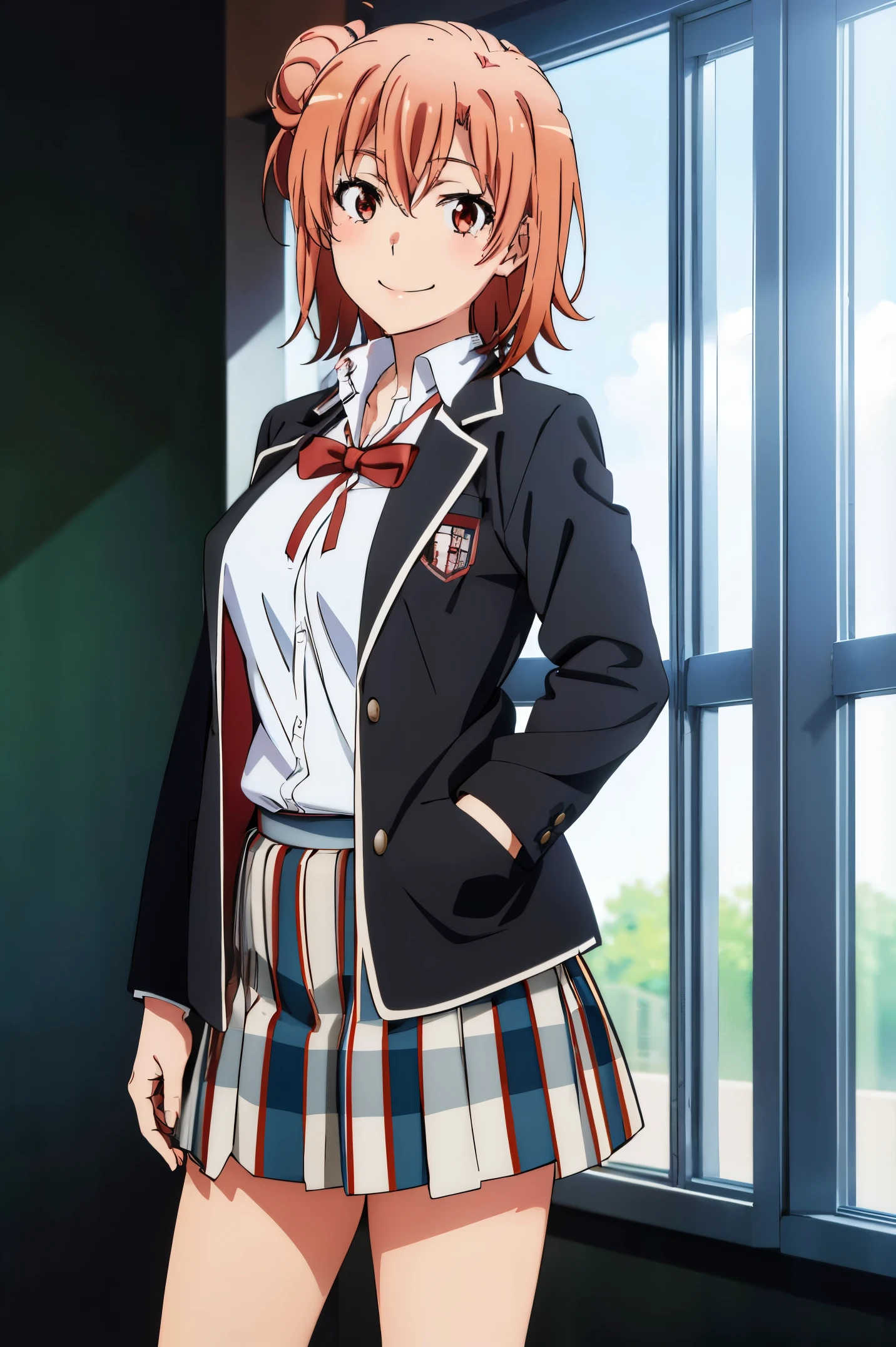 Best quality, masterpiece, highres, 1girl, Yuigahama yui, school uniform, Plaited skirt, short hair, red ribbon, white shirt, black jacket, big boobs, Standing, smile, school background