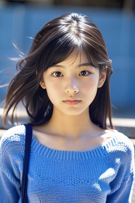 (Beautiful girl wearing a blue summer knit)、japanes、terraces、(sixteen years old)、Spinning、((boyish hair))、looks to the side、look away from the camera、