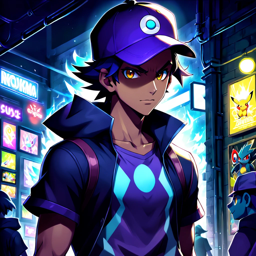 make me a dark and poisonous type pokemon trainer, roupas muito detalhadas, keep the illustration similar to me, eu tenho barba baixa, cabelos castanho escuro, I want a more serious drawing and for the character to look 25 years old, use as cores preto e roxo nas roupas, dando vida a tudo, fundo a combinar tanto ambiente quando luzes e sombras, excellent illustration and light, at studio level, take my facial features and create a beautiful illustration, quero que o desenho mostre dos joelhos pra cima, clothes matching dark type pokemon